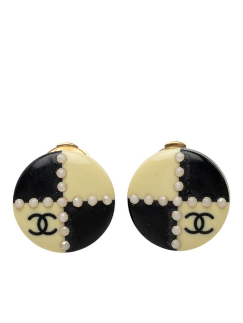 Chanel CC Logo Earrings 02A Black Ivory Plastic Plated Pearl